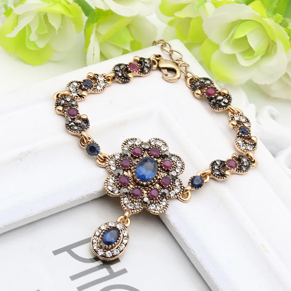 Sunspicems Vintage Indian Crystal Charm Bracelet For Women Turkish Bride Jewelry Antique Gold Color Arabic Medieval jewelry