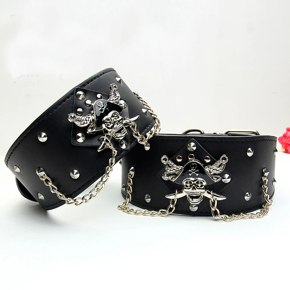 Round Studded Large Dog Genuine Leather Collar with The Pirates Ghost Pets Durable Collars 3 Sizes Free shipping