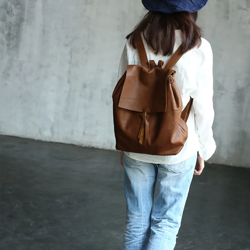 

Vendange new fashion preppy style vintage handmade casual travel soft cowskin genuine leather backpacks2199L