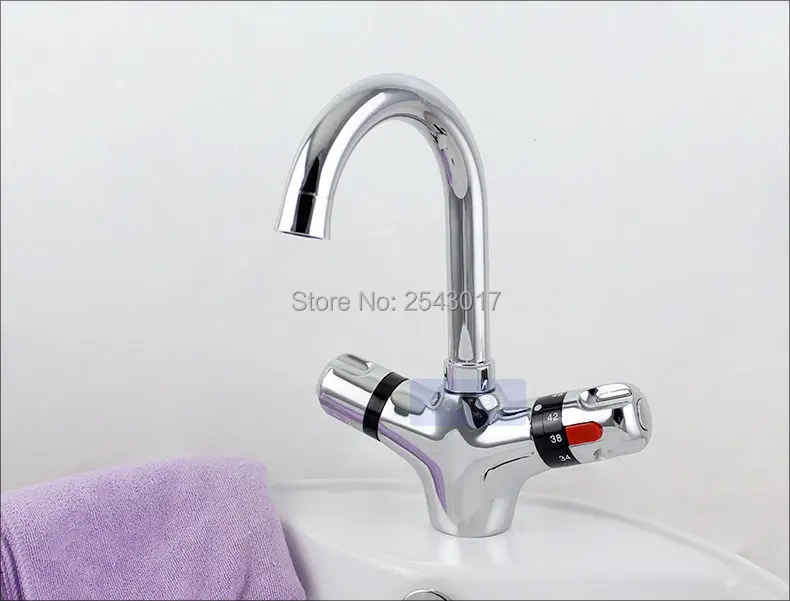 GIZERO Thermostatic Swivel Faucet Small Spout Temperature Control Deck Mounted Vessel Sink Tap Bathroom Crane ZR982