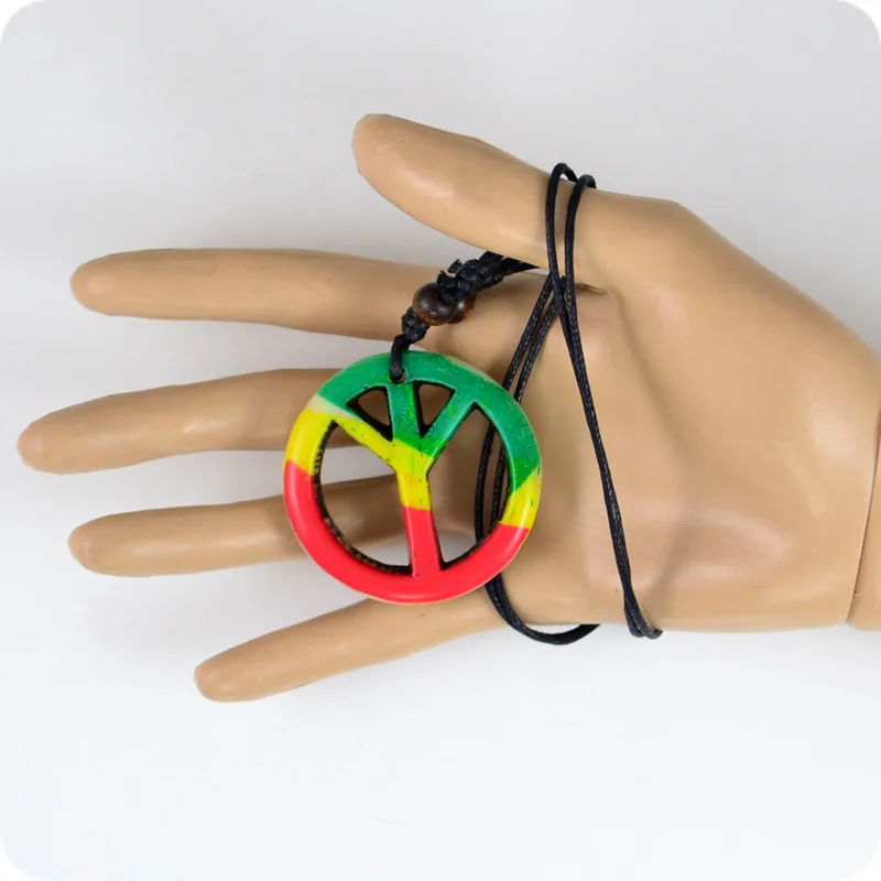 Red Yellow Green Peace Sign Resin Pendant Necklaces Jamaica Tafari Rastafarian Reggae Amulet Lucky Gift Cool Tribal Totem