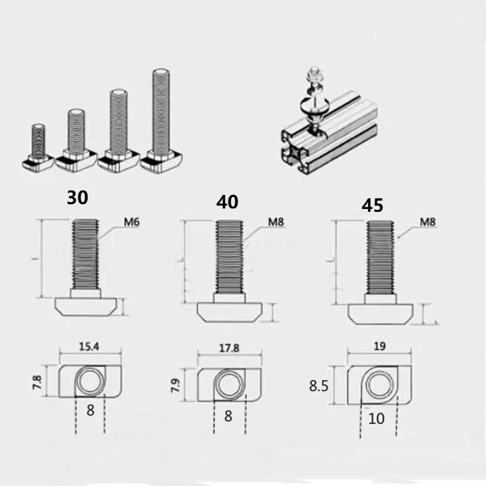 10pcs M5 10mm/12mm/16mm/20mm/25mm Hammer Head T Bolt Screw Nickel Plated For 2020 series 20 X20  Aluminum Profile