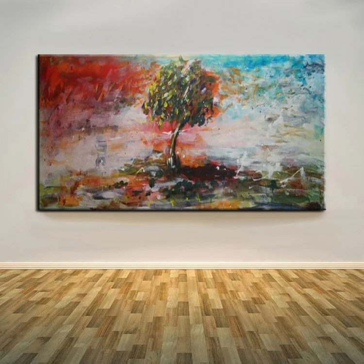 Old Skilled Painter Handmade Beautiful Landscape Abstract Blue And Red Tree Oil Painting On Canvas For Living Room Decoration