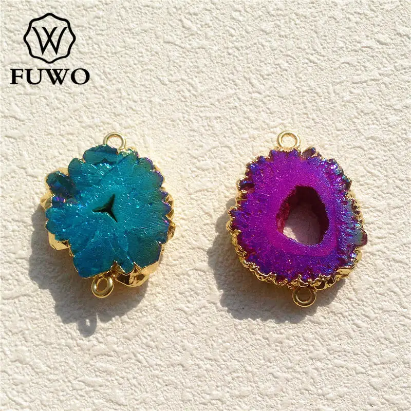 FUWO Wholesale Stalactite Slice Connector Pendant,Golden Plated Titanium Crystal Quartz Accessory For Jewelry Making 5Pcs PD064