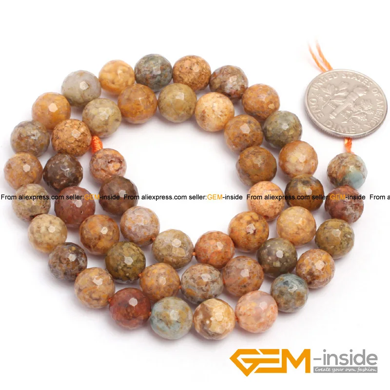 Natural Stone Yellow Ocean Jaspers Agates Faceted Round Bead For Jewelry Making Strand 15\