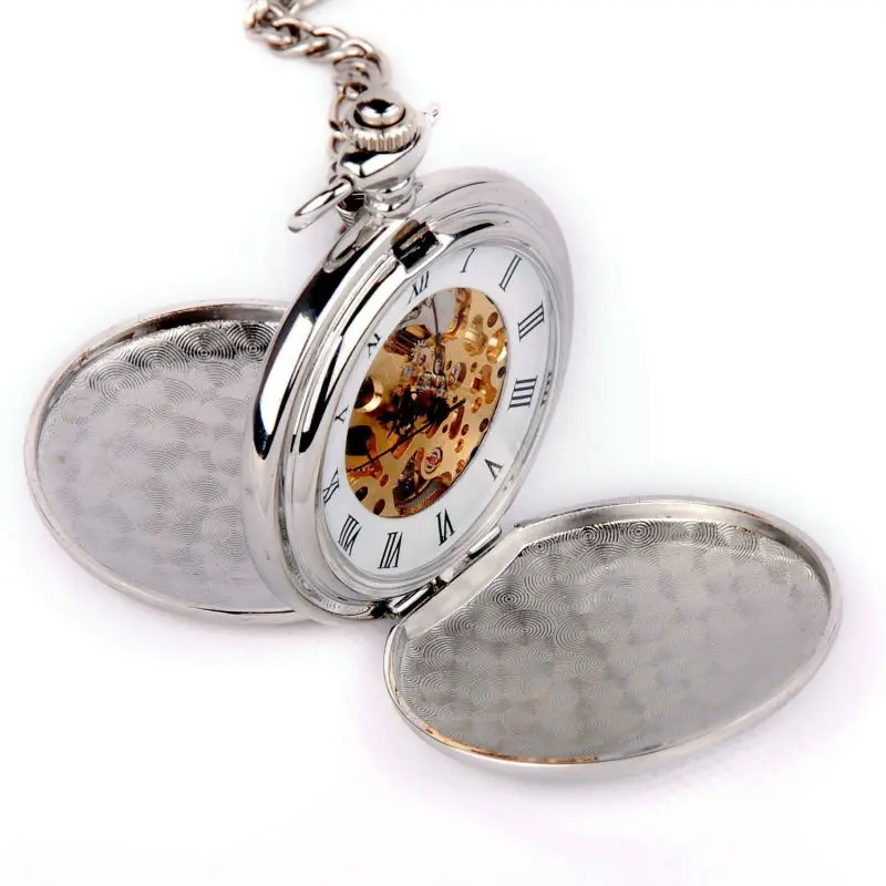 SHUHANG BRAND Skeleton Pocket Watch Mechanical Movement Hand Wind Full Hunter Silver Tone Engravable