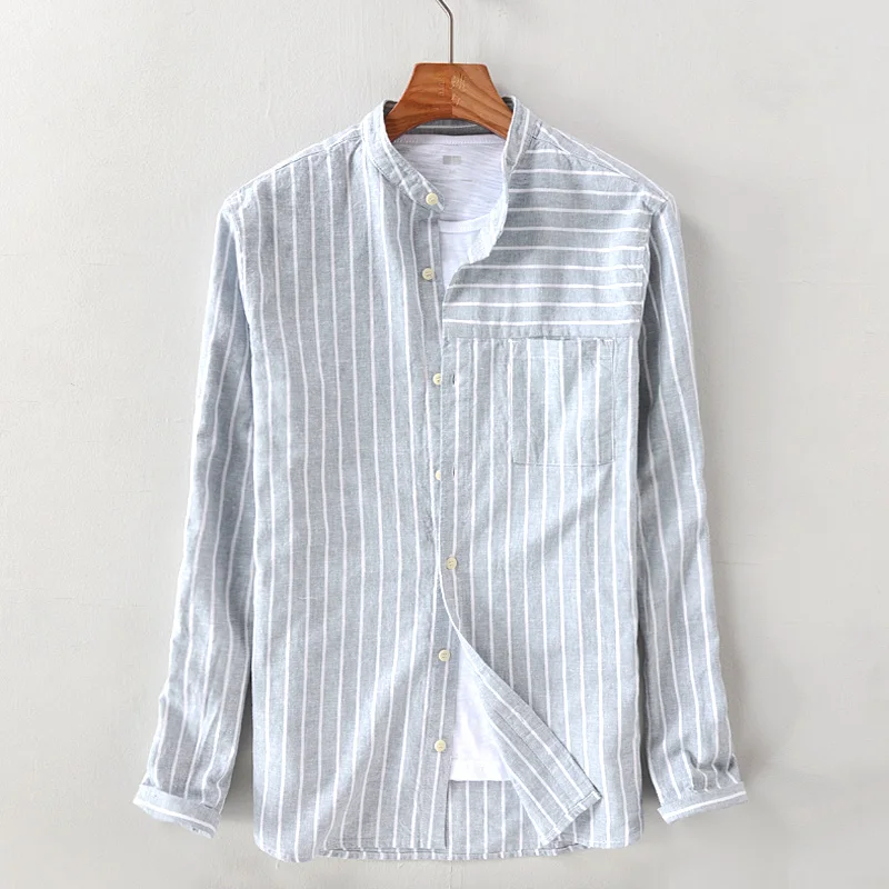 

New Italy long-sleeved stripe shirts men linen stand collar blue flax striped cotton shirt male fashion overhemd chemise