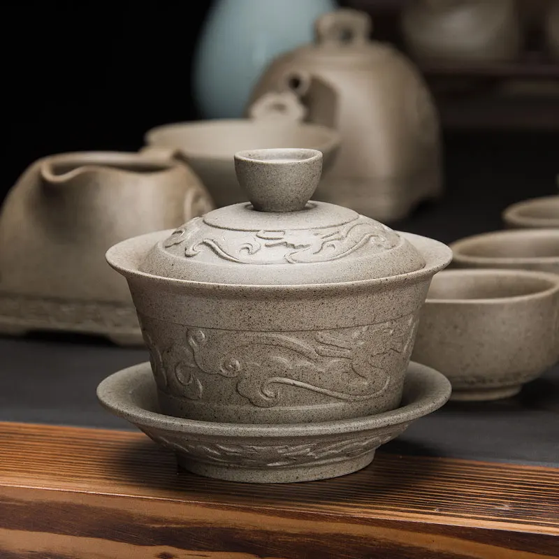 newly listed crude pottery gaiwan dragon relief handmade carved porcelain tureen covered bowl on sales Chinese tea set cup bowls