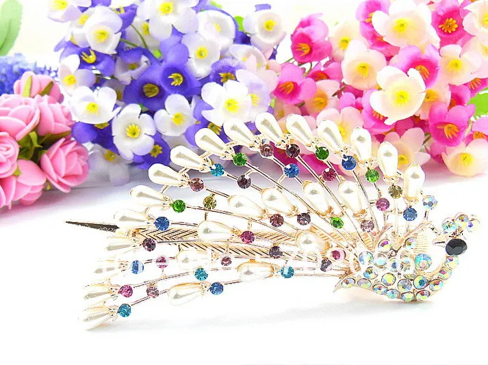 

Pearl rhinestone peacock big Duck Clip Banana Clips Hair Barrette Hairpin clasps accessory 24pc/lot mixed #2990