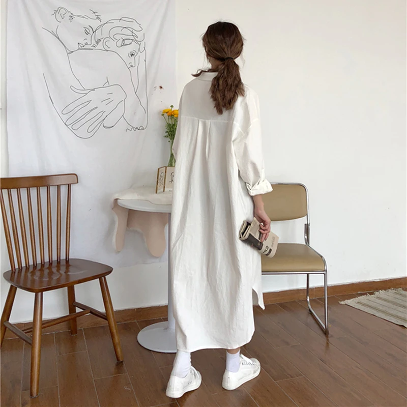 Robe chemise en coton à manches longues pour femmes, col rabattu, robes respirantes élégantes, mode coréenne, dame, 2024