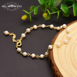 GLSEEVO Original 925 Sterling Silver Natural Fresh Water Pearl Adjustable Handmade Bracelet For Women Gift Fine Jewelry GB0142