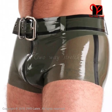 

Sexy Military Latex Boxer Shorts with belts Rubber underwear Hot Pants Gummi Bermuda Bottoms pouch front zipper KZ-051 plus size