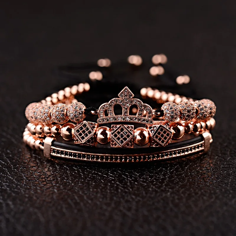 Luxury CZ King Crown Charm Men\'s Copper Bead Macrame Bracelets Fashion Geometric Long Tube Set Bracelets&Bangles For Women