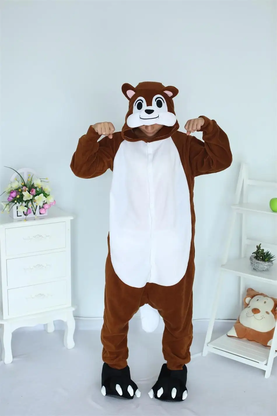 Kigurumi Cartoon Animal Brown Chipmunk Onesie Unisex Adult Pajamas Cosplay Costumes Sleepsuit Sleepwear Halloween and Carniva