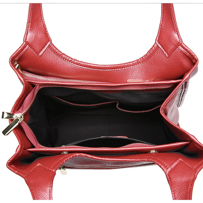 Genuine Leather, 3 Compartments Large Shoulder Bag, Women 100% Natural Cowhide Shoulder Shopping Bag, Fashion for girl A285