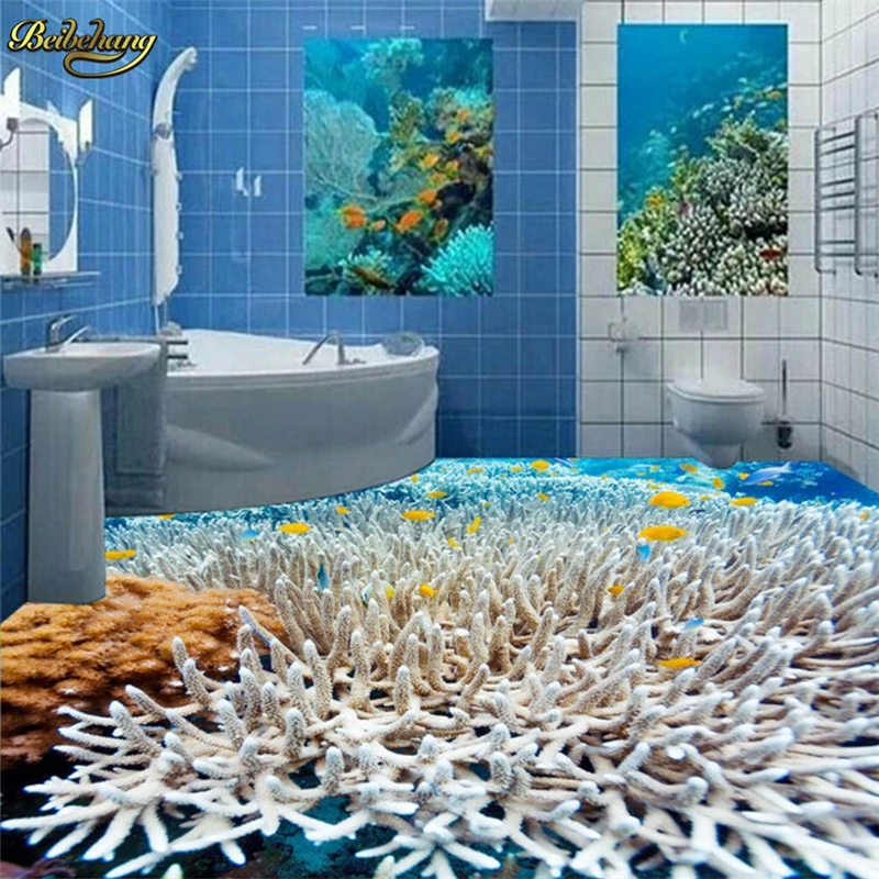 

beibehang Custom Photo 3D Floor Painting Wallpaper Ocean White Coral Tropical Fish Bathroom Floor Painting papel de parede