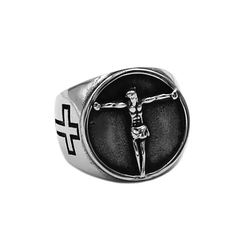 Vintage Cross Jesus Ring Stainless Steel Jewelry Pentagram Satan Ram Goat Head Biker Men Ring Wholesale SWR0867A