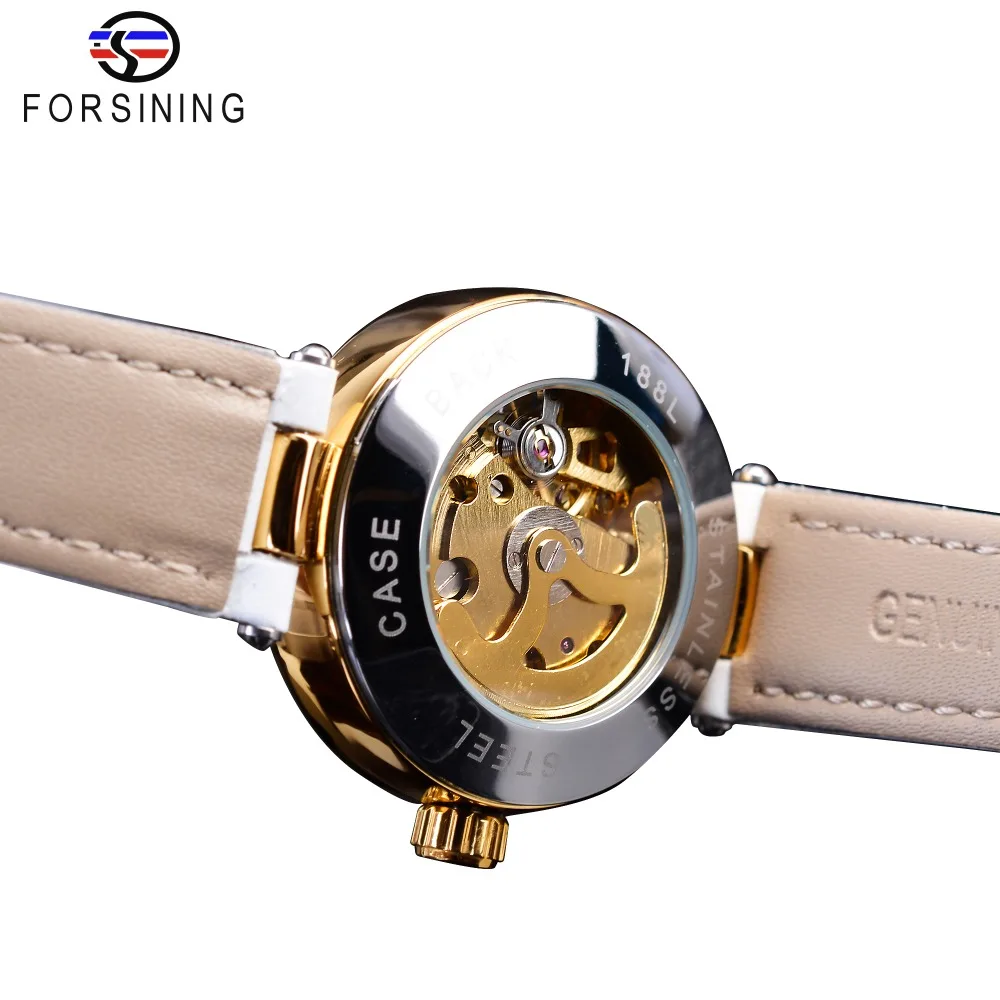 Forsining White Gold Mechanical Automatic Luxury Top Brand Lady Wrist Watch Skeleton Clock Women Leather Dress Age Girl Watches