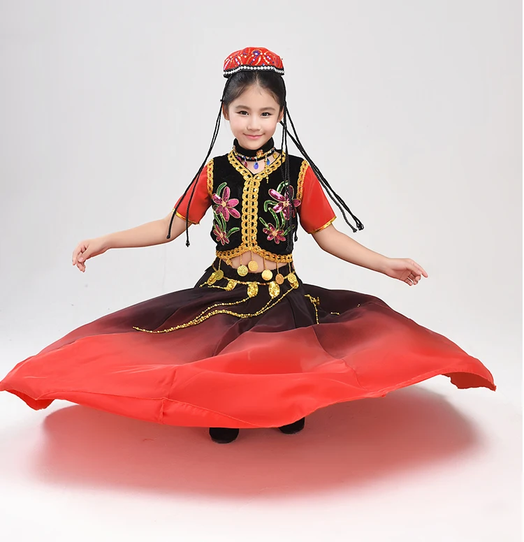 Xinjiang dança roupas crianças traje desempenho nacional meninas Xinjiang trajes de dança grande balanço saia nacional performan