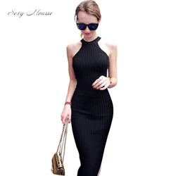 New Women Long Knitting Dress Spring Sexy Slim Bodycon Dresses Elastic Skinny Split Dress Brief Halter Black Dresses Vestidos