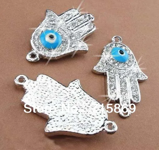 100Pcs Blue Enamel Evil Wholesale Eye Crystal Rhinestones connector beads Sliver hand Hamsa Hand  DIY Bracelet Connector Beads