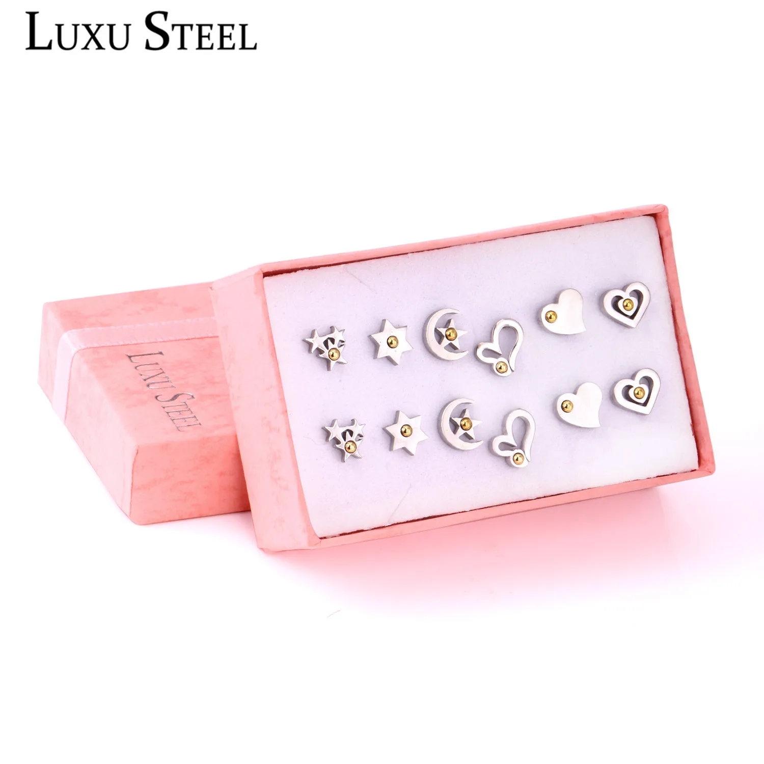 LUXUSTEEL Star/Moon/Shape Silver Color Stud Earrings For Women Stainless Steel Semicircle Ball 6pairs/Boxes Earring Sets