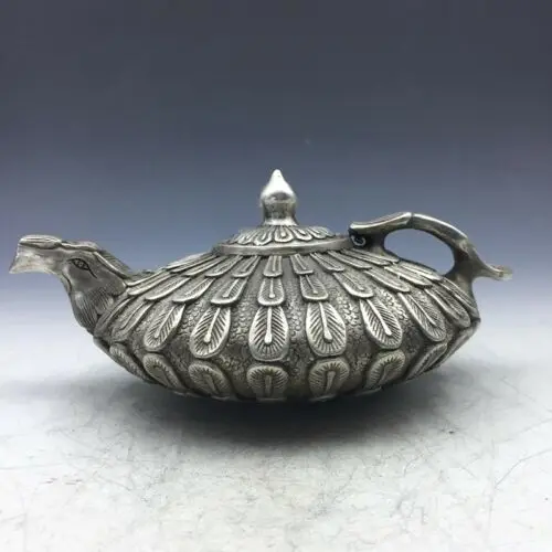 Chinese Old Tibetan Silver Copper Hand Carved Cupronickel Flower Phoenix Teapot Wine Pot