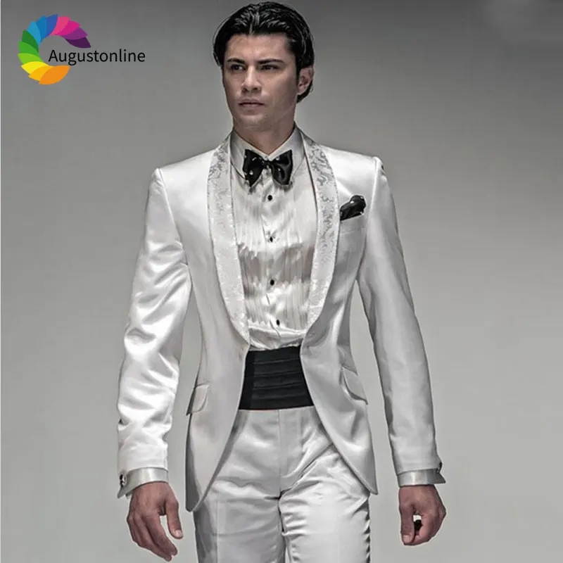 Italian White Men Suits Wedding Tuxedos Slim Fit Shawl Lapel Groom Wear 2 Pieces (JacketPants) Costumen Homme Groomsmen Suits