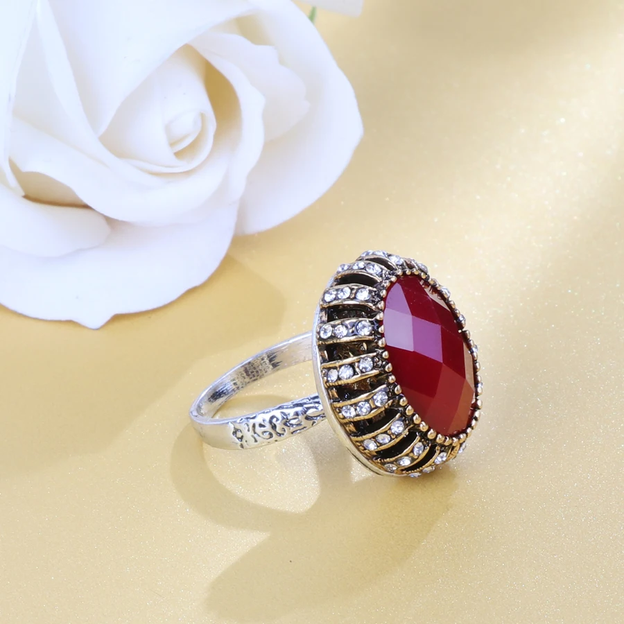 Luxury Vintage Black Red Rings For Women Big Crystal Enagagement Ring Fashion Silver Color Jewelry Accessories