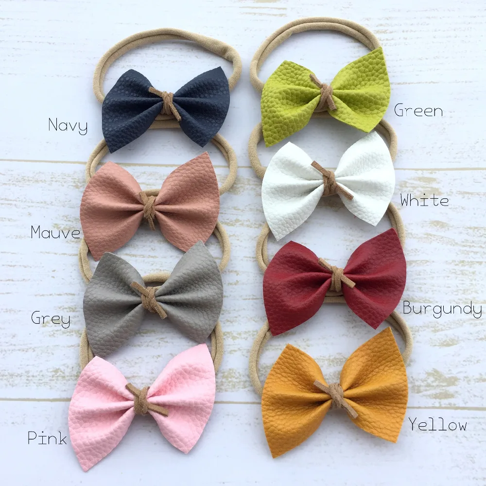 24Pcs/Lot  Faux Leather Baby Bow Headband Soft Nylon Hair Band Infant  Hair Accessory