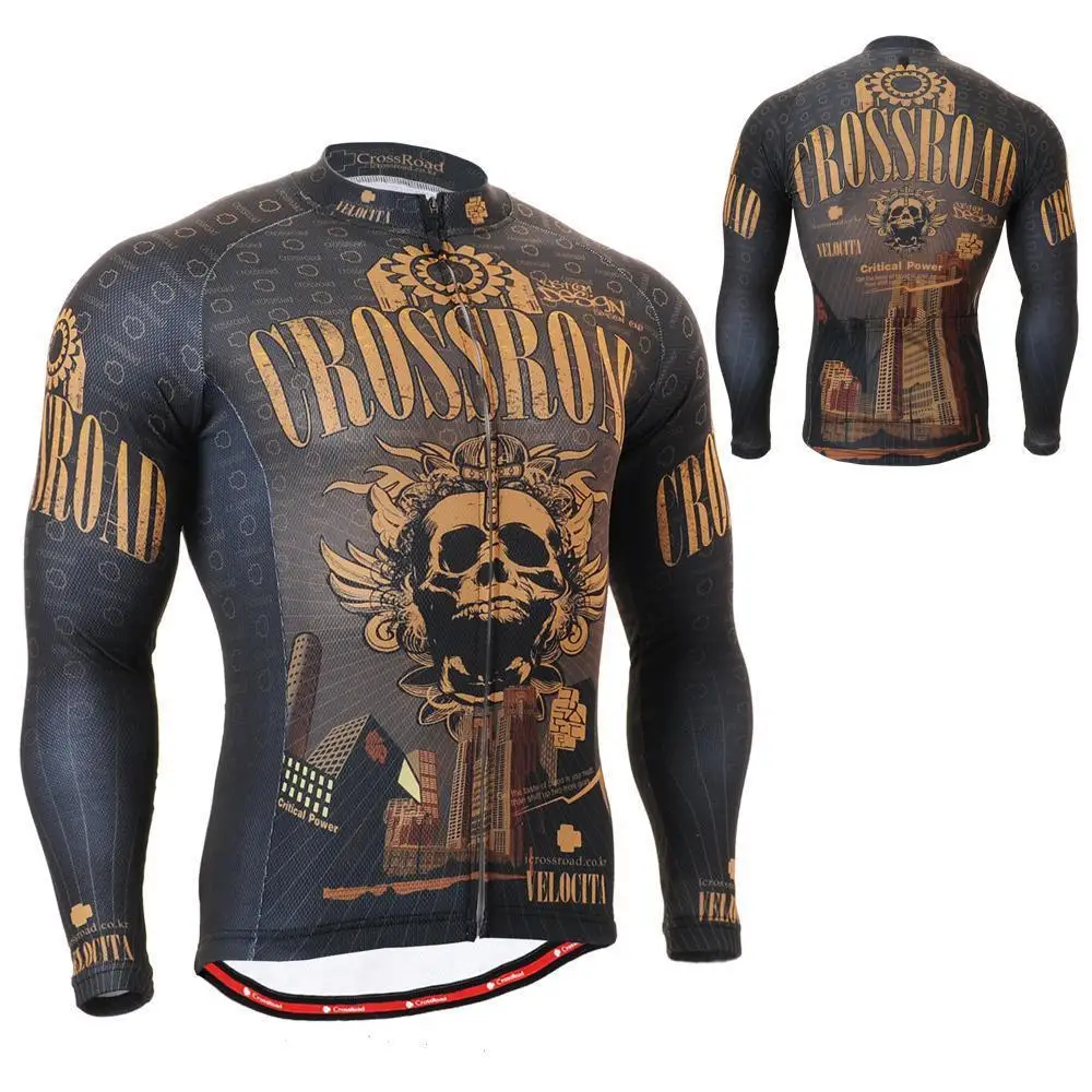 Men`s Long Sleeve Cycling Jersey 2701 CROSSROAD SKULL Technical Graphics MTB Road Bike Bicycle Apparel Hombres Ropa de Ciclismo