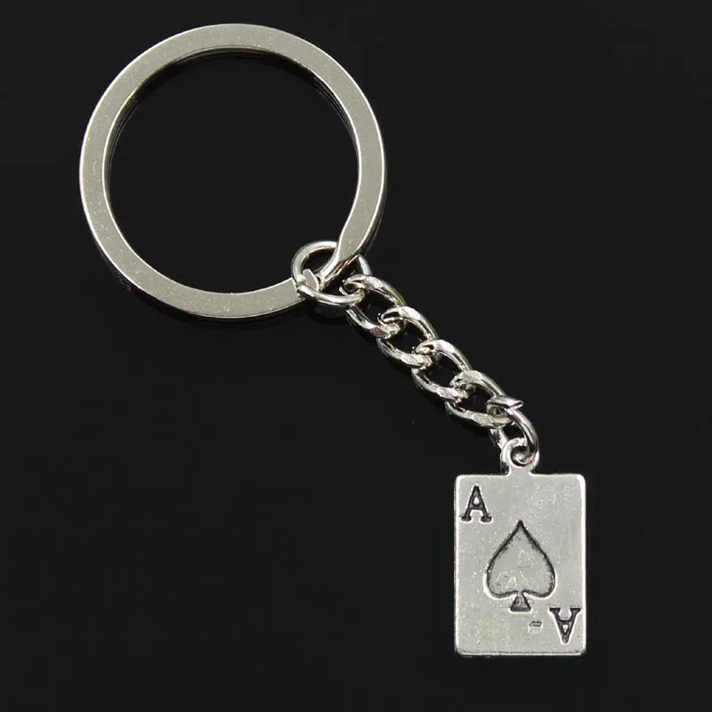 New Fashion Men 30mm Keychain DIY Metal Holder Chain Vintage Ace Of Spades Playing Card Poker 20x12mm Silver Color Pendant Gift