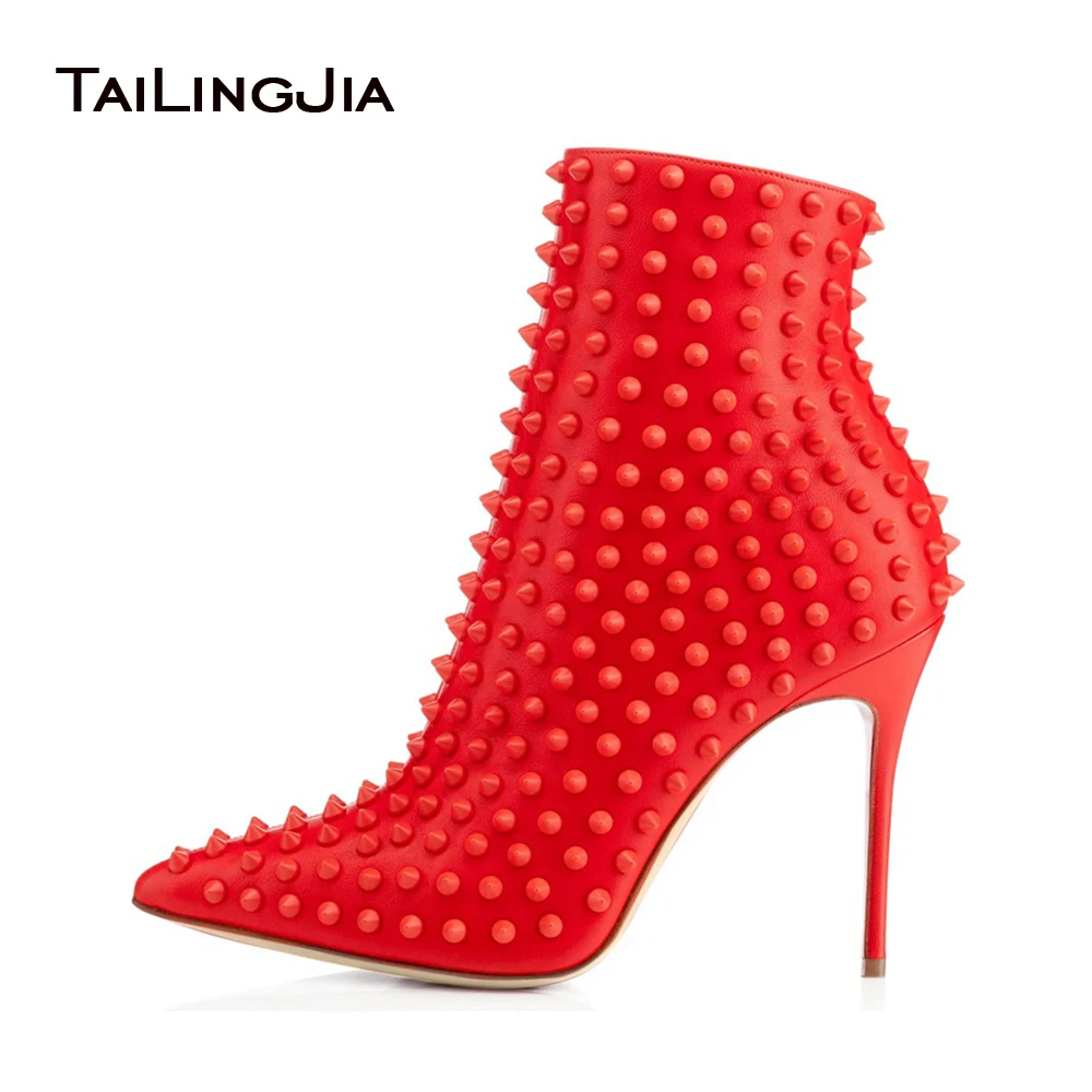 Red High Heel Ankle Boots with Studs Women Pointed Toe Heeled Black Booties with Spikes Ladies Studded Autumn Winter Heels Shoes