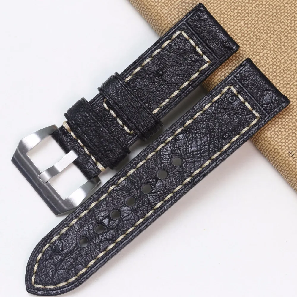 Pesno Africa Genuine Ostrich Leather Watch Band Black Brown Grey Pink Blue 24mm Watch Strap Men Watch Accessory for Panerai