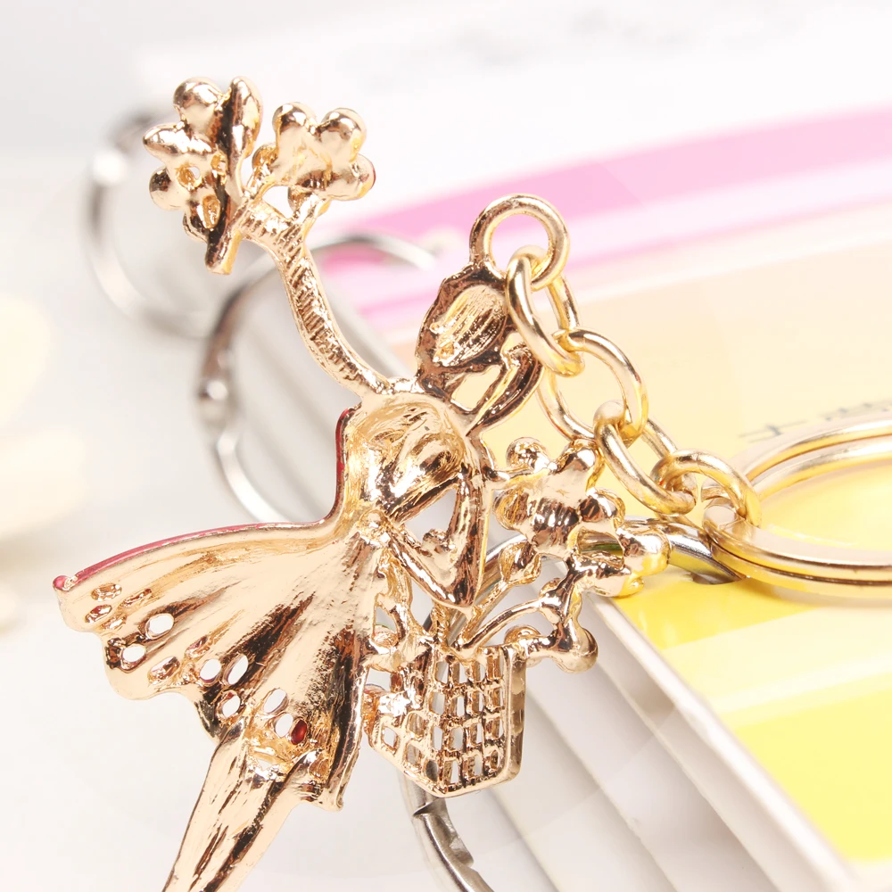 New Fashion Ballet Girl Dress Flowers Crystal Charm Purse Handbag Car Key Ring Chain Party Wedding Birthday Creative Gift