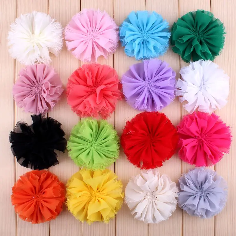 

10pcs/lot 3" 16 Colors Hair Clips Classic Chiffon Flower For Children Accessories Ruffed Satin Shabby Flower For Decoration DIY