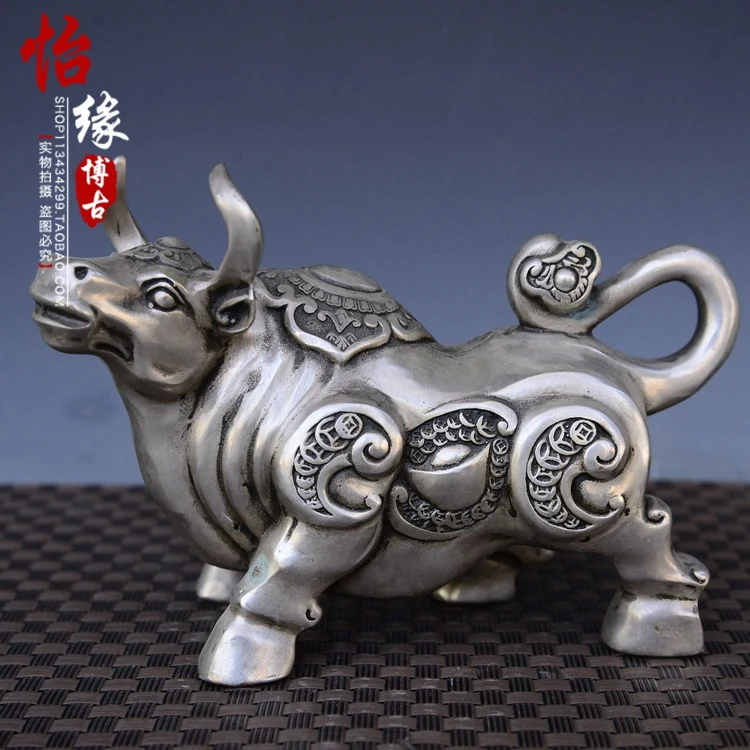 

China antique miao Silver fengshui wealth bull Statue soar to the sky metal handicraft home decoration