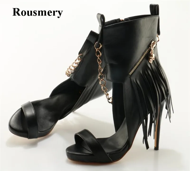 

Sexy Women Fashion Open Toe Black Leather One Strap Gold Chain Design Gladiator Boots Ankle Wrap High Heel Short Boots