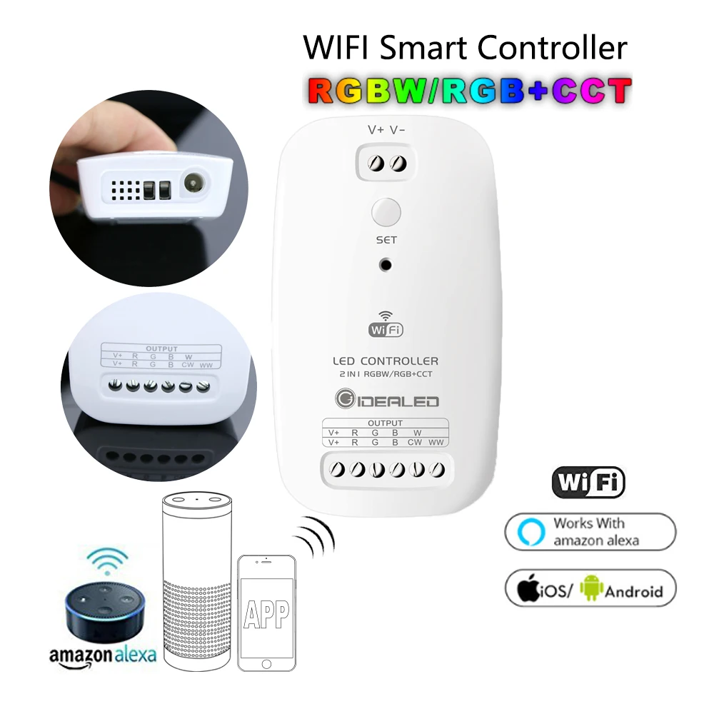 RGBW+CCT Wifi LED Controller DC9V-24V Wireless Remote Switch Led Light Strip Controller APP  Combitible Echo Alexa Google Home