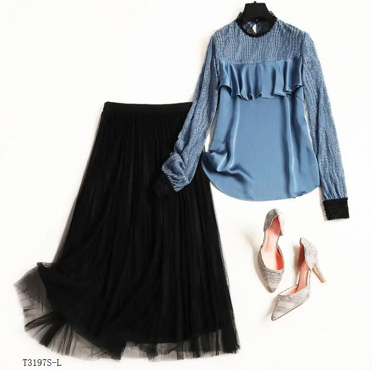 

European style 2019 New arrivals summer Spring fashion women clothes patchwork blouse + solid color mesh skirt casual suit T3197