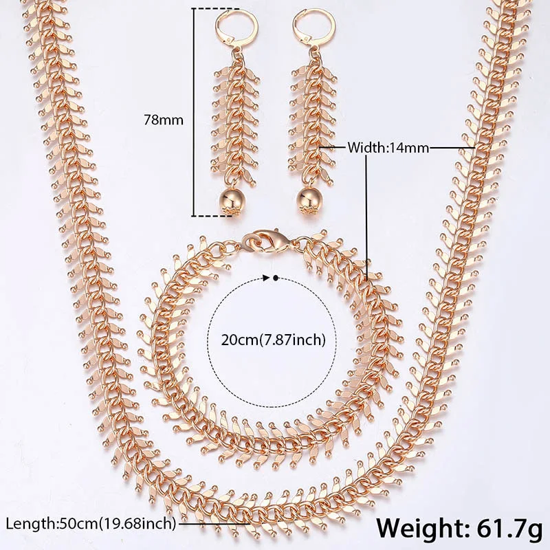 585 Rose Gold Link Chain Necklace Bracelet Earrings For Women Girls Party Wedding Jewelry Set  CSM01