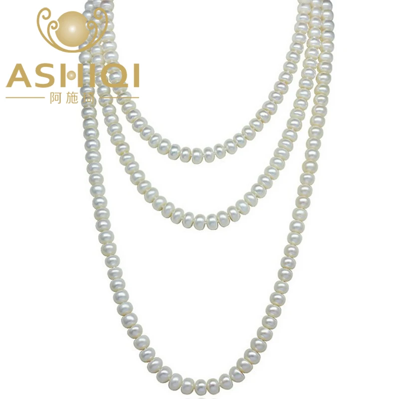 ASHIQI 90cm/120cm Natural Freshwater Pearl Necklaces  Jewelry 3 Rows Sweater Chain Long Necklaces Woman 2019 Mother's day Gift