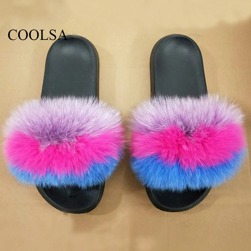 Summer Ladies Colorful Fox Fur Fluffy Slippers Women's Lovely Plush Real Fox Hair Slides Party Furry Flip Flops Women's Sandals