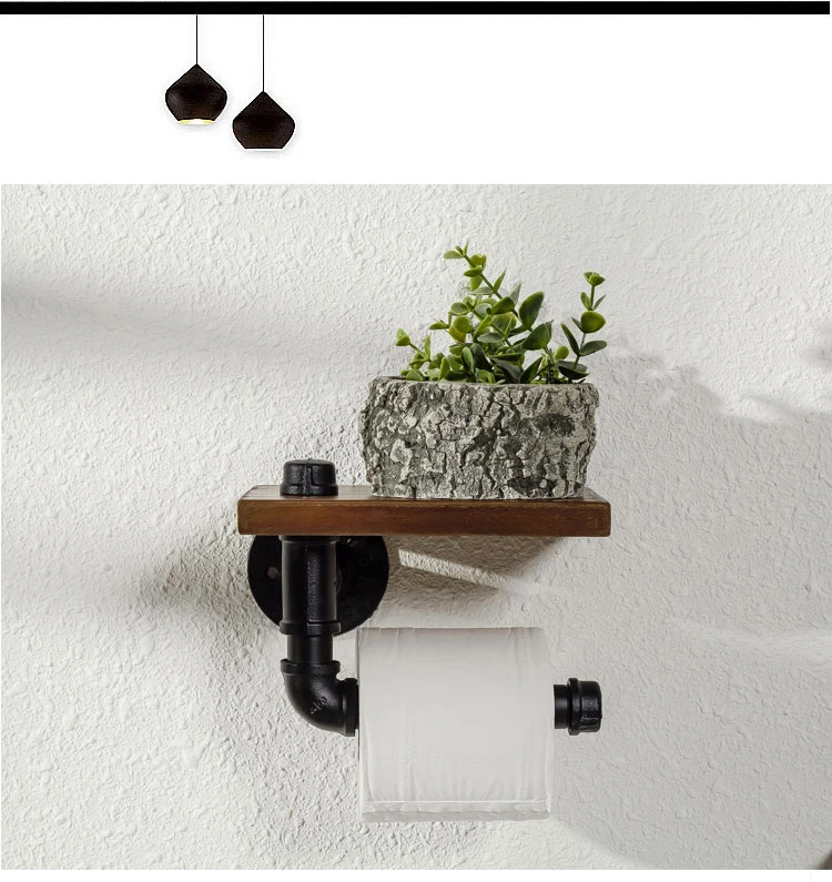 Industrial Toilet Paper Holder with Wooden Shelf Metal Wall Storage Iron Pipe Tissue Roll Hanger (Single Faced)