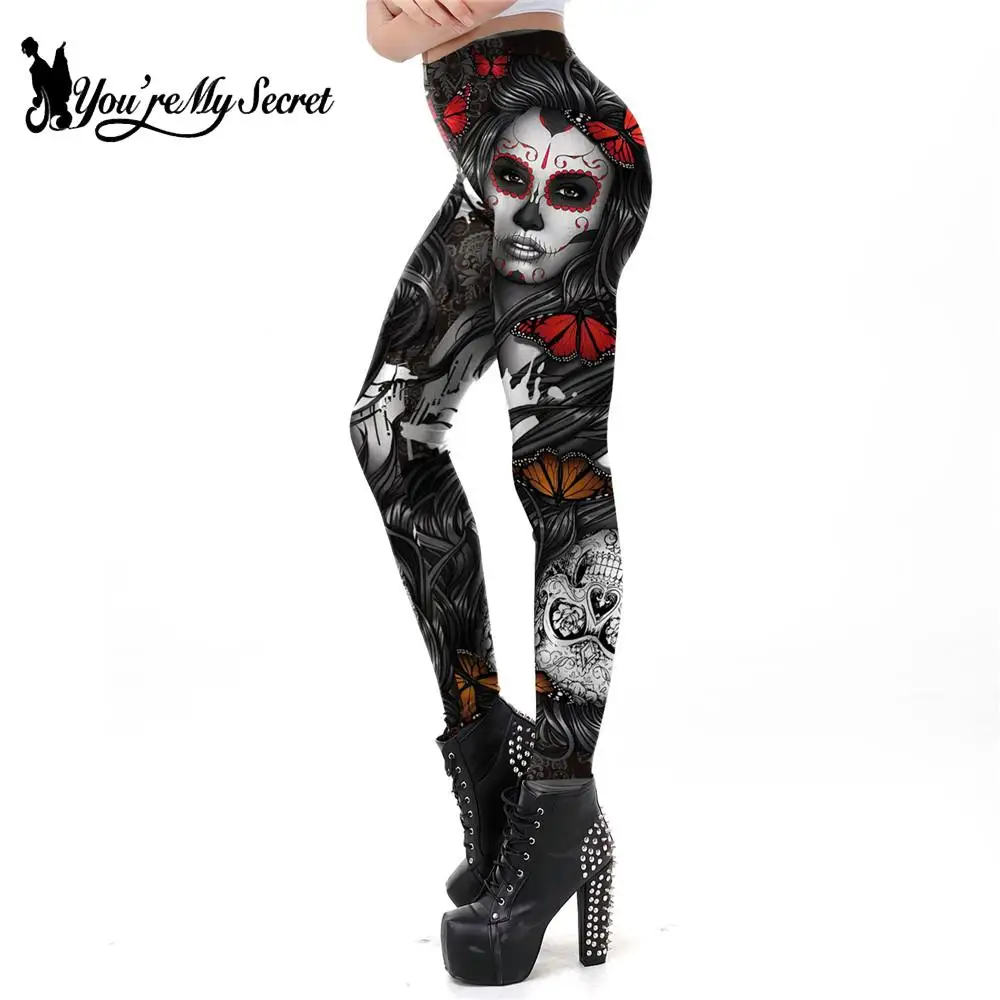 [You\'re My Secret] 2024 New Gothic Printed Leggings For Women Halloween Skull Sexy Legging Rose Pattern Fitness Workout Leggins