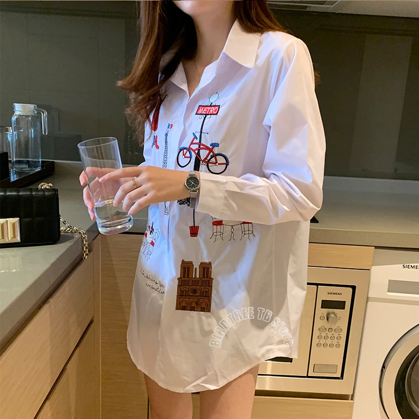 Women Embroidery Long White Blouse Button Up Turn Down Collar Full Sleeve Shirt Tower Cat Bicycle Casual Feminina Top T96415F