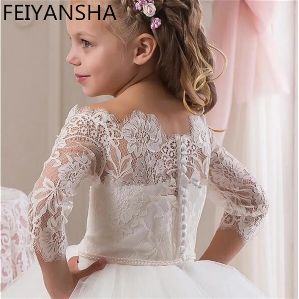 Robes de princesse pour filles, en dentelle, épaules dénudées, blanche, pour mariage, manches longues, robe d'anniversaire, première Communion, 2022