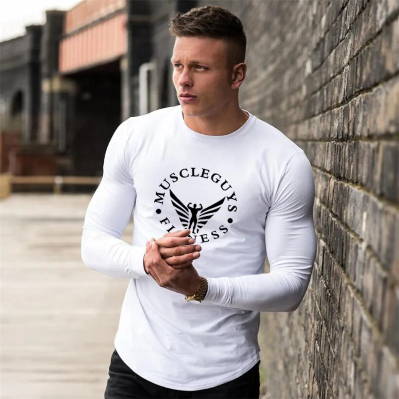 Muscleguys classic print long sleeve t shirt men Fitness brand clothing casual slim fit high quality stretch cotton male t-shirt