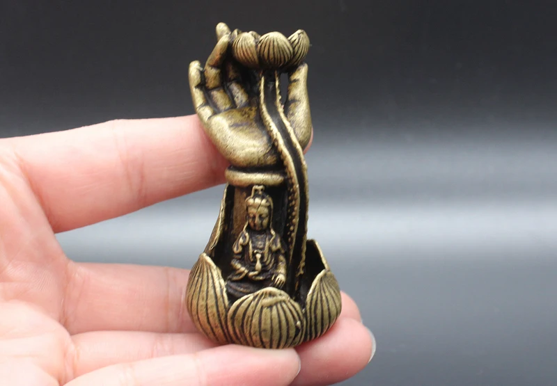 Elaborate Chinese Brass Buddha’ hand holding a Lotus, Guanyin Bodhisattva Sitting in the Lotus Statue, can be used for incense