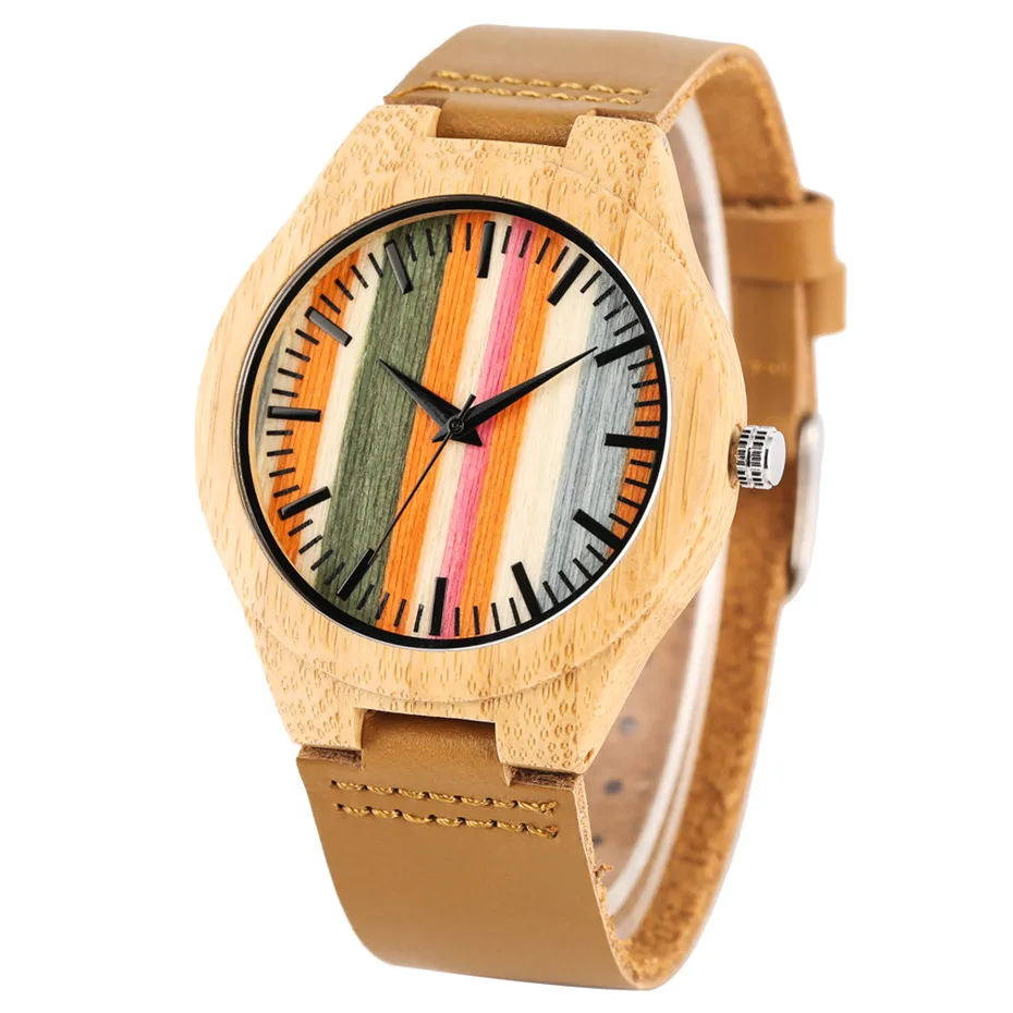 Reloj de madera con pantalla de 12 horas de rayas frescas, relojes de cuarzo para hombre, correa de reloj de cuero genuino marrón, reloj de madera de moda novedosa 2019